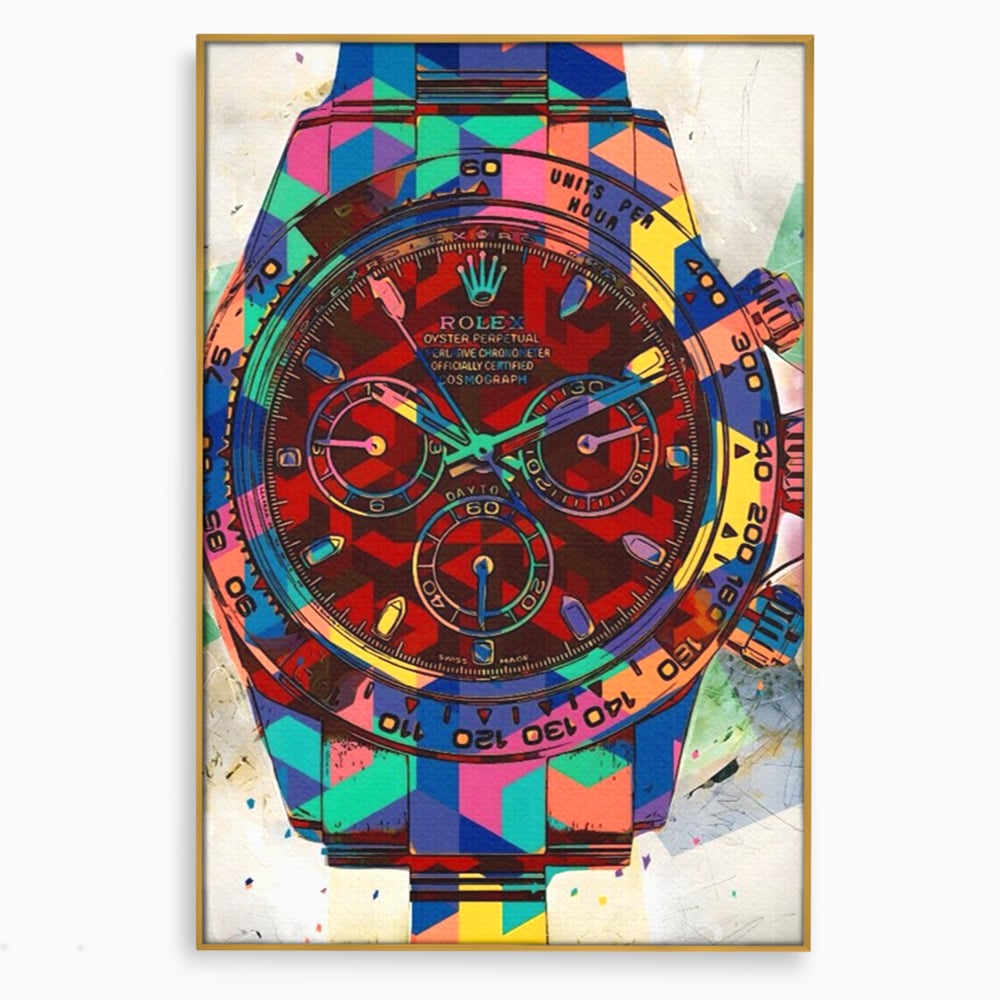 Tablou canvas cu tablou canvas cu ceas colorat tip rolex, in rama de aluminiu auriu
